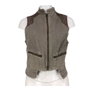 BKE Outerwear Vest Denim Embroidered Full Zip Layering Vest Green Brown Med
